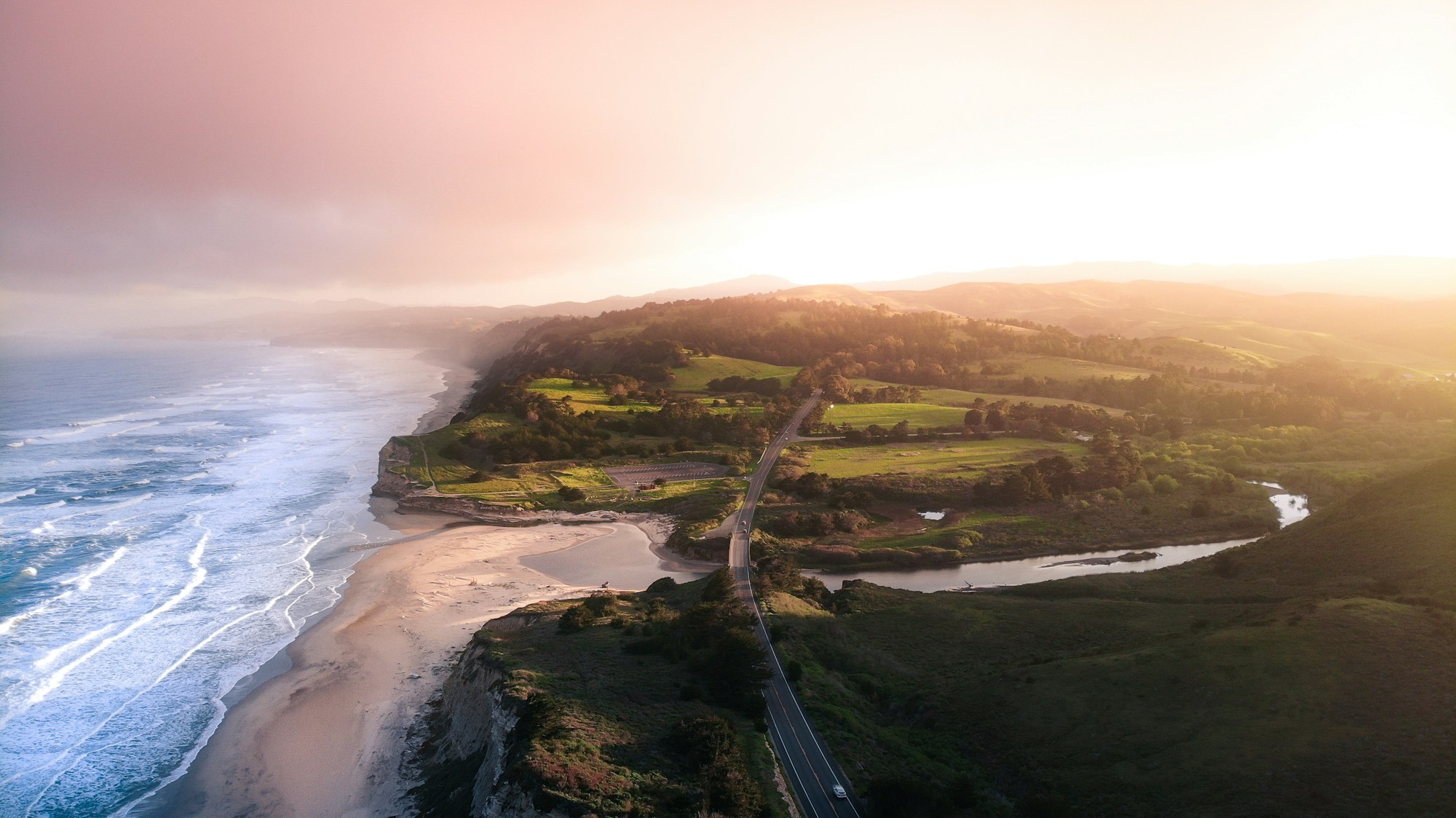An elevated landscape view of a coastline